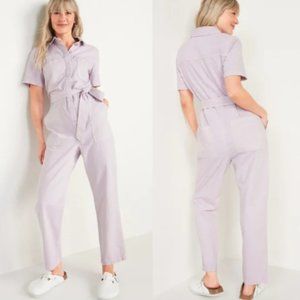 Short-Sleeve Cropped Tie-Belt Utility Non-Stretch Jean Jumpsuit